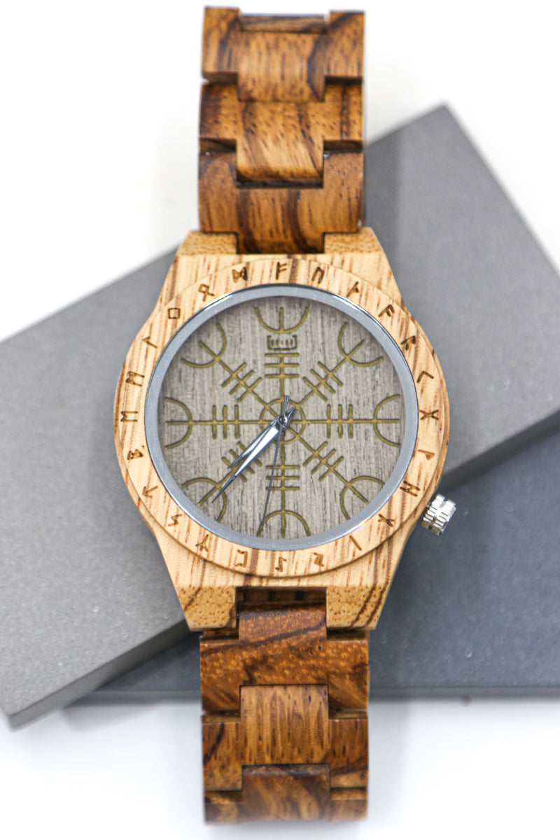 Reloj Vegvísir – Reloj Rúnico de Madera zebrawood  WAGT016-2C